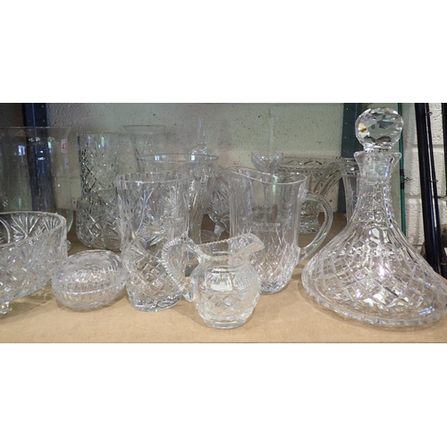 1346 - Large quantity of cut glass and other glass vases etc to include a crystal ships decanter. Not avail... 