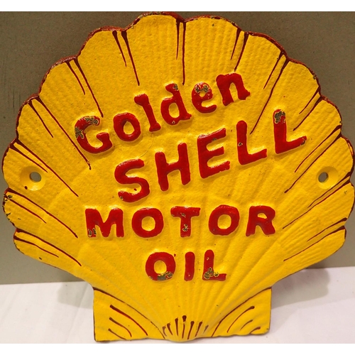 1379 - Cast iron Golden Shell Motor Oil plaque, W: 15 cm. P&P Group 1 (£14+VAT for the first lot and £1+VAT... 