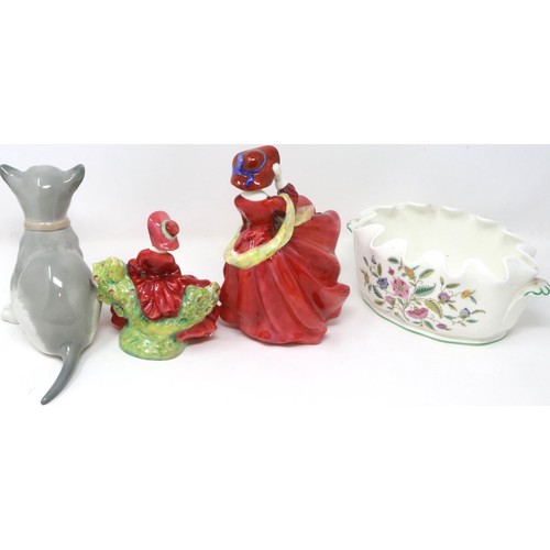 278 - Royal Doulton figurine, Lydia HN1908, Top o the Hill HN1834, Nao cat and a Minton bowl in the Haddon... 