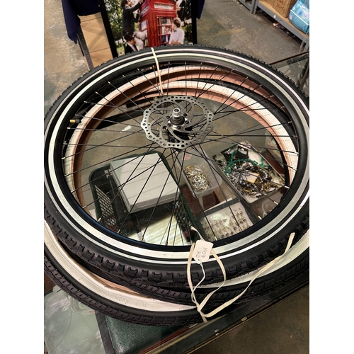 1017A - 26 x 2 x 1 3/4 new bike tyre a complete wheel with disc brake assembly and 2 whitewall tyres. Not av... 