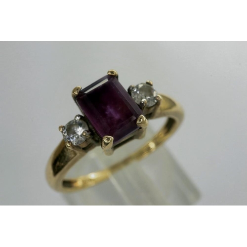 20 - 9ct gold trilogy ring set with amethyst and cubic zirconia, size P, 2.5g. P&P Group 1 (£14+VAT for t... 