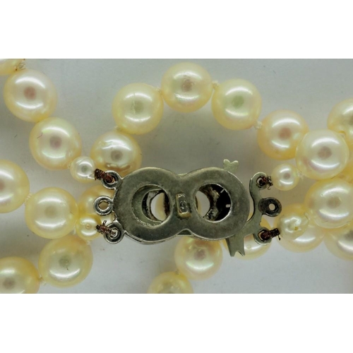 50 - Pearl double strand necklace with 9ct white gold and diamond clasp, L: 58 cm. P&P Group 1 (£14+VAT f... 