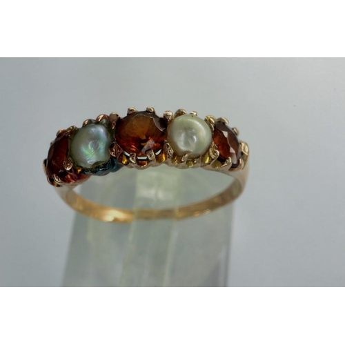 54 - Unmarked 9ct gold ring set with garnet and pearls, size N, 2.26g. P&P Group 1 (£14+VAT for the first... 