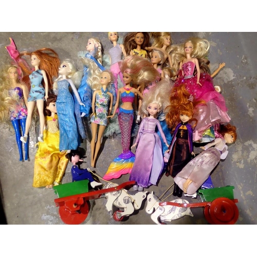 1037 - Mixed Barbie dolls and two wooden pony and traps. Not available for in-house P&P