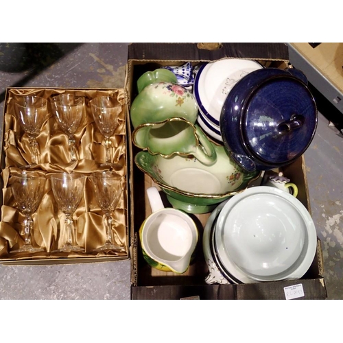 1040 - Box of mixed ceramics mainly tureens and a set of glasses. Not available for in-house P&P