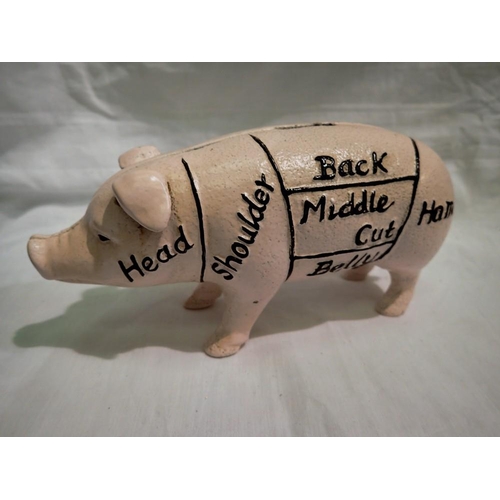 1110 - Cast iron Harrisons Hams piggy bank, L: 20 cm. P&P Group 1 (£14+VAT for the first lot and £1+VAT for... 