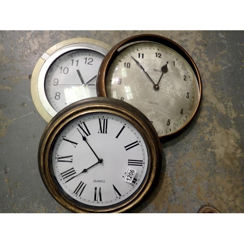 1206 - Three large quartz wall clocks. Not available for in-house P&P