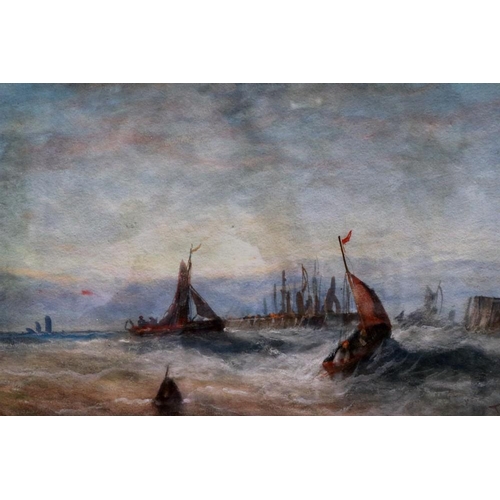 2033 - Thomas Bush Hardy (1842-1897): watercolour, fishing boats in rough waters, dated 1896, 26 x 43 cm. N... 