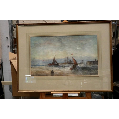 2033 - Thomas Bush Hardy (1842-1897): watercolour, fishing boats in rough waters, dated 1896, 26 x 43 cm. N... 