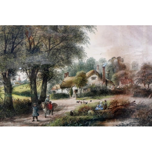 2038 - H E Stanley (19th century): ink and watercolour, figures returning with harvest, 35 x 53, water dama... 