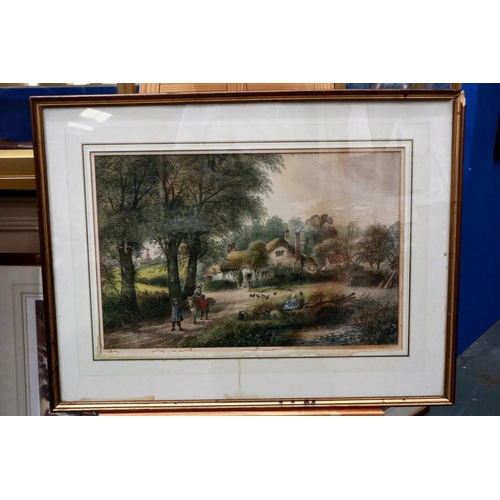 2038 - H E Stanley (19th century): ink and watercolour, figures returning with harvest, 35 x 53, water dama... 