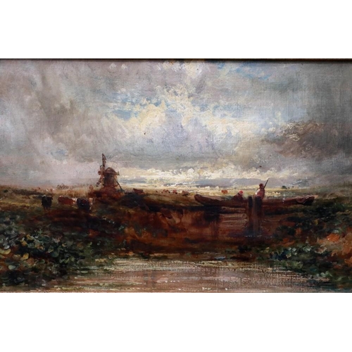 2042 - An unattributed 19th century oil on canvas laid on board, cattle grazing with river and windmill, un... 