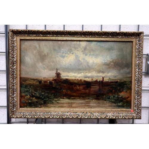 2042 - An unattributed 19th century oil on canvas laid on board, cattle grazing with river and windmill, un... 