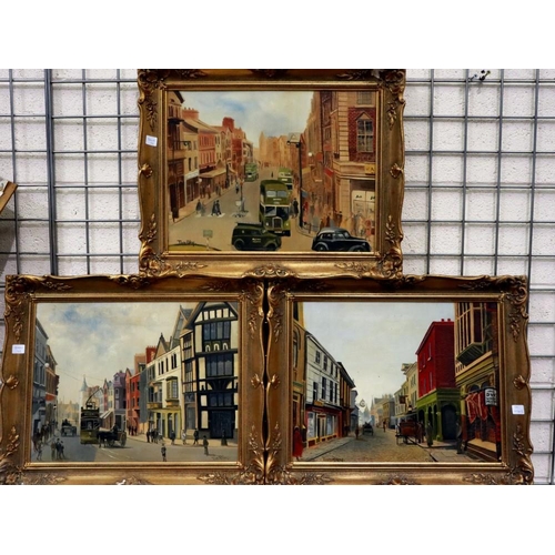 2045 - Tom Riley (20th century): a trio of oils on canvas, Northern town scenes, each 35 x 45 cm. Not avail... 