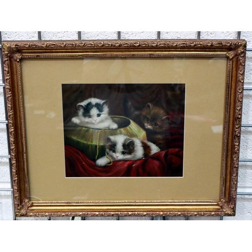 2055 - In the manner of Bessie Bamber, oil on board, three kittens, initialled PW, 19 x 24 cm. Not availabl... 