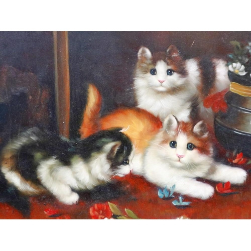 2056 - In the manner of Bessie Bamber, oil on board, three kittens, initialled PW, 19 x 24 cm. Not availabl... 