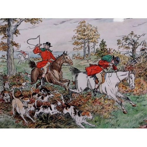 2063 - Richard Caldicott (B.1962): watercolour and pen on paper, hunting party with dogs, label verso, 18 x... 