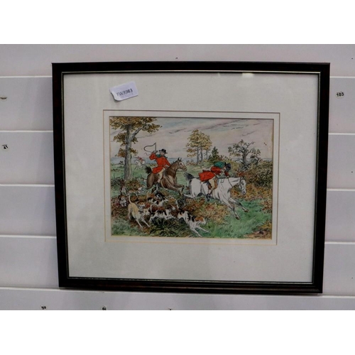 2063 - Richard Caldicott (B.1962): watercolour and pen on paper, hunting party with dogs, label verso, 18 x... 