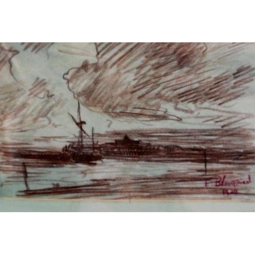 2064 - Edmund Blampied (1886-1966): pastel on paper, ship in harbour, dated 1920, 16 x 25 cm. Not available... 