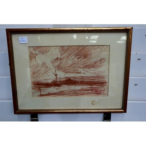 2064 - Edmund Blampied (1886-1966): pastel on paper, ship in harbour, dated 1920, 16 x 25 cm. Not available... 