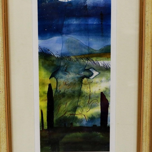 2065 - Jane Glue Scottish contemporary watercolour of Oakney, 16 x 35 cm. Not available for in-house P&P