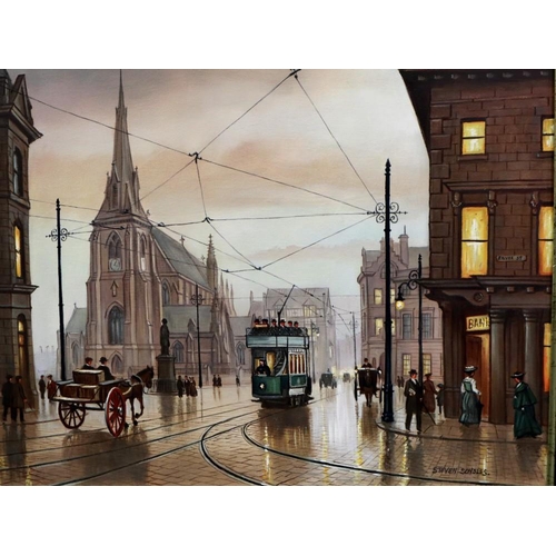 2073 - Steven Scholes (B.1952): oil on canvas, Market Place Bury 1908, 39 x 50 cm. Not available for in-hou... 