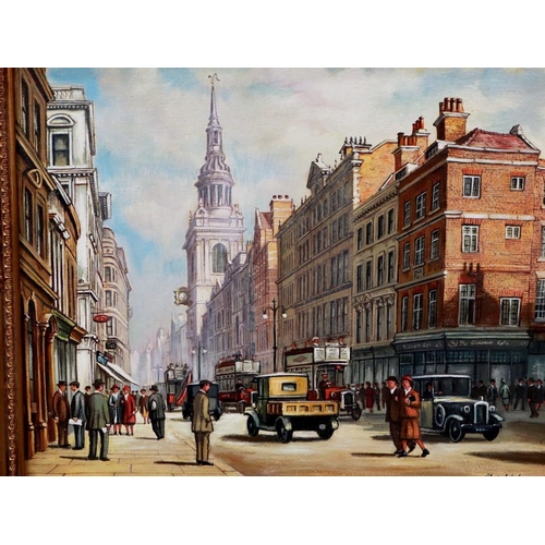 2074 - Steven Scholes (B.1952): oil on canvas, Cheapside Manchester, 39 x 49 cm. Not available for in-house... 