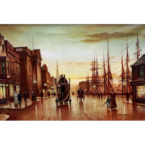 2077 - Steven Scholes (B.1952): oil on canvas, Portside figural scene, 39 x 60 cm. Not available for in-hou... 