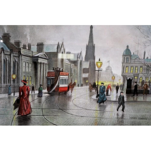 2078 - Steven Scholes (B.1952): charcoal on paper, Northern townscape with tram, 45 x 60 cm. Not available ... 