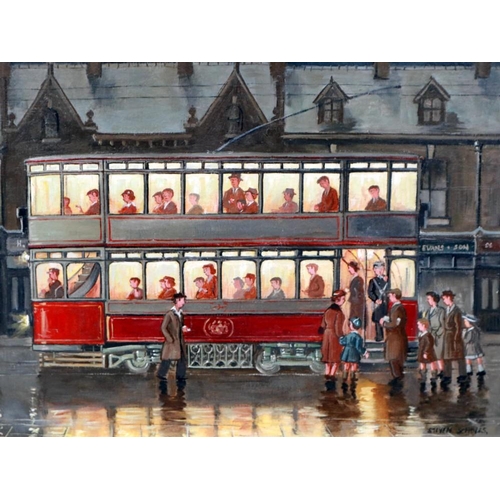 2079 - Steven Scholes (B.1952): oil on canvas, Last Tram Home 1948, 29 x 39 cm. Not available for in-house ... 