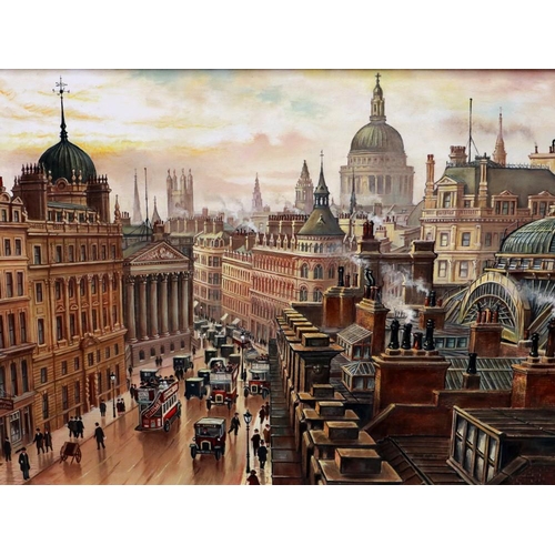 2080 - Steven Scholes (B.1952): oil on canvas, extensive Manchester townscape, 50 x 74 cm. Not available fo... 