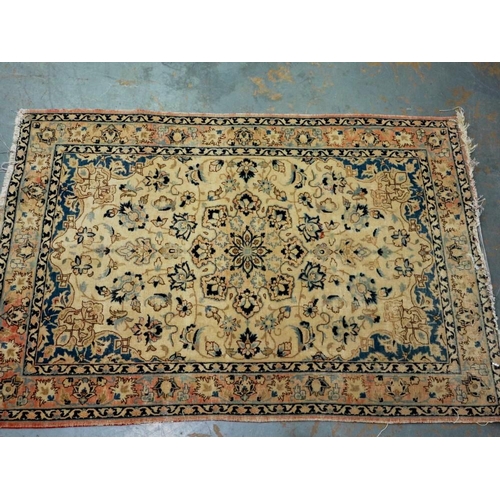 2095 - Early 20th century floor rug with designs in blue against a red faded ground, 155 x 100 cm. Not avai... 