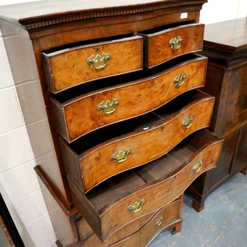 2103 - Burr walnut serpentine fronted chest on chest, comprising two short over seven long drawers. Not ava... 