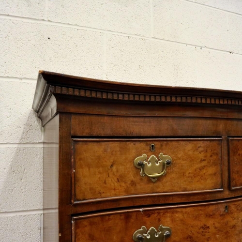 2103 - Burr walnut serpentine fronted chest on chest, comprising two short over seven long drawers. Not ava... 