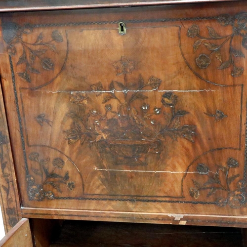 2104 - An early 19th century continental walnut scriptoire, with drop front and fitted interior, profusely ... 