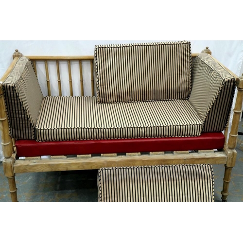 2115 - An Edwardian pine framed cot with one drop side and internal cushion, 127 x 63 x 81 cm H. Not availa... 