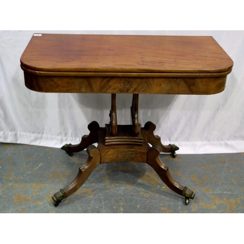 2125 - A mid 19th century walnut fold over table with complex quadripartite support, 92 x 91 x 72 cm H, top... 