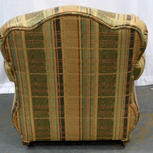 2134 - Edwardian scroll arm upholstered armchair on brass castors. Not available for in-house P&P