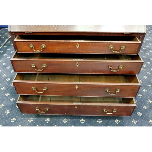 2135 - Inlaid mahogany four drawer bureau with fitted interior, 104 x 54 x 106 cm H. Not available for in-h... 