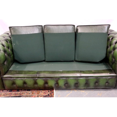 2137 - Green leather button back Chesterfield three seated settee, L: 190 cm. Not available for in-house P&... 