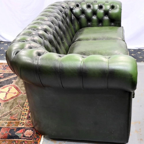 2137 - Green leather button back Chesterfield three seated settee, L: 190 cm. Not available for in-house P&... 