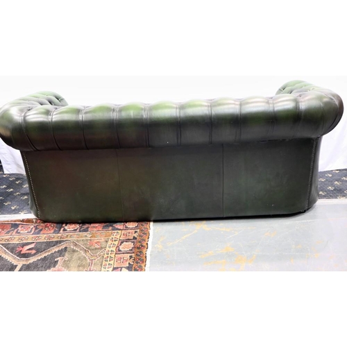 2137 - Green leather button back Chesterfield three seated settee, L: 190 cm. Not available for in-house P&... 