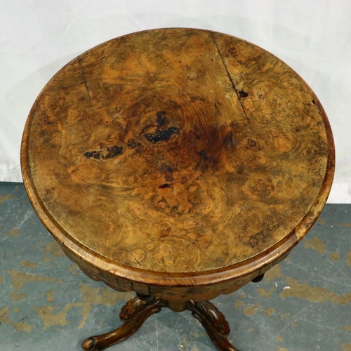 2145 - Victorian walnut sewing table on a carved tripod support, burr walnut under lid and fitted interior,... 