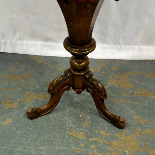 2145 - Victorian walnut sewing table on a carved tripod support, burr walnut under lid and fitted interior,... 