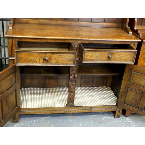 2148 - Oak sideboard with shelf top and two drawers over two cupboards, 120 x 45 x 185 cm H. Not available ... 