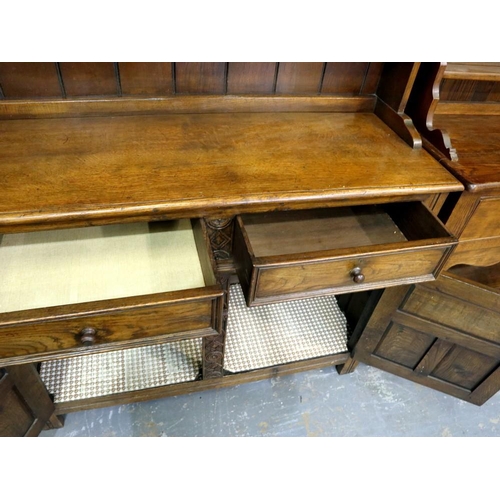 2148 - Oak sideboard with shelf top and two drawers over two cupboards, 120 x 45 x 185 cm H. Not available ... 