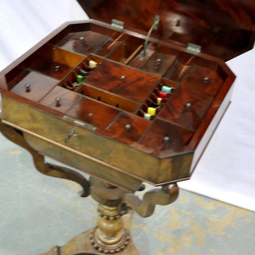 2149 - Victorian mahogany sewing box with fitted lidded interior on tripod supports, good condition through... 