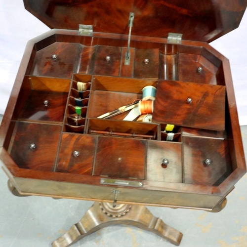 2149 - Victorian mahogany sewing box with fitted lidded interior on tripod supports, good condition through... 