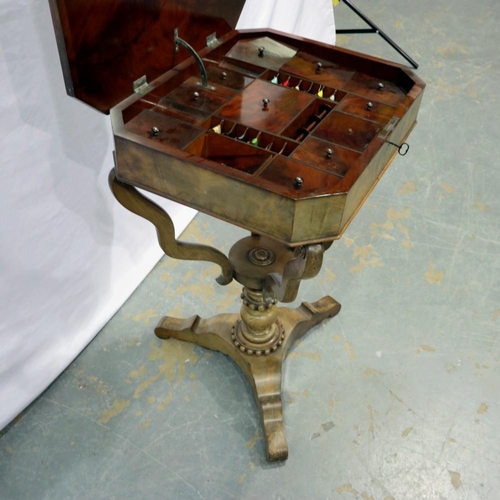 2149 - Victorian mahogany sewing box with fitted lidded interior on tripod supports, good condition through... 