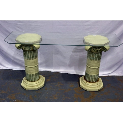 2154 - Glass top console table on twin pillar supports, 43 x 147 x 76 cm H. Not available for in-house P&P